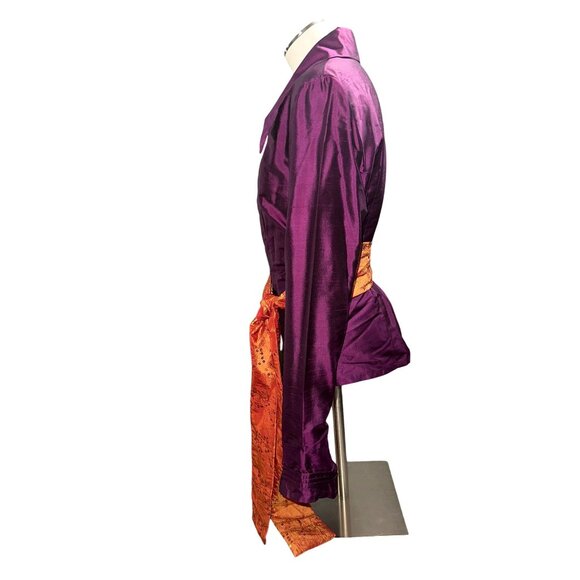 Mestiza New York Large Dark Purple Silk Wrap Jacket Orange Brocade Waist Tie - Picture 4 of 10